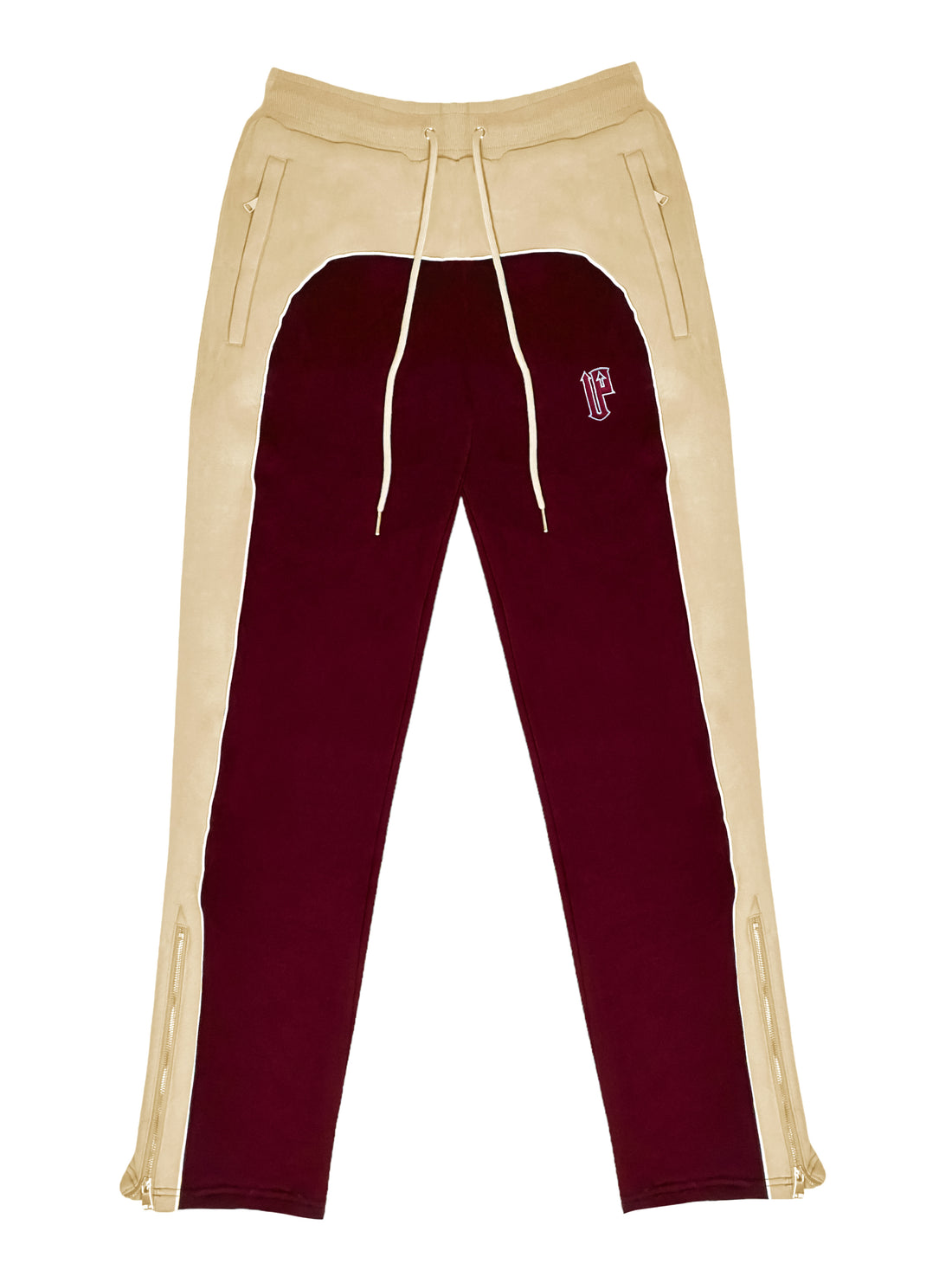 Front of Burgundy and Cream Heavyweight Joggers