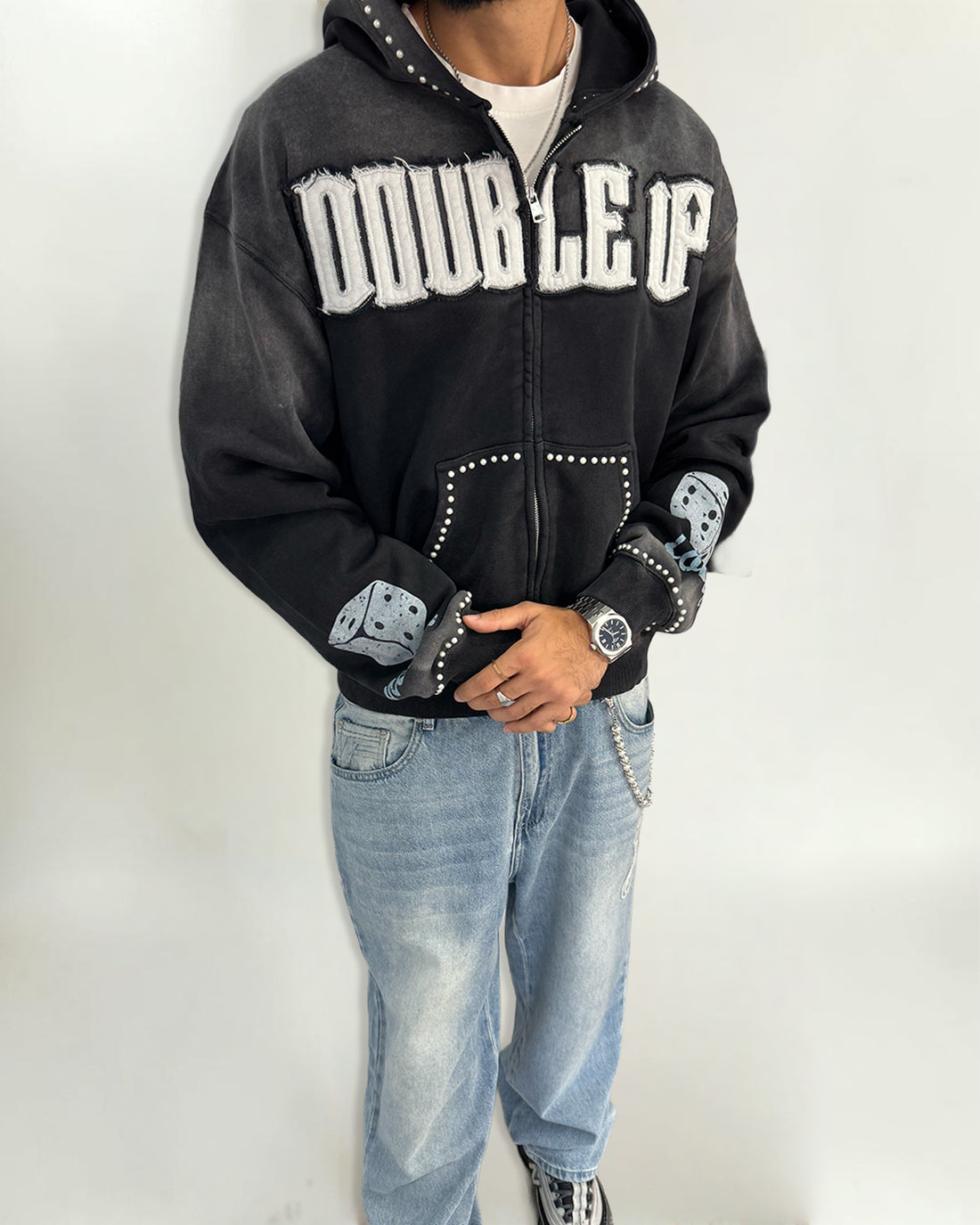 Pearl Appliqué Zip Hoodie - Washed Black