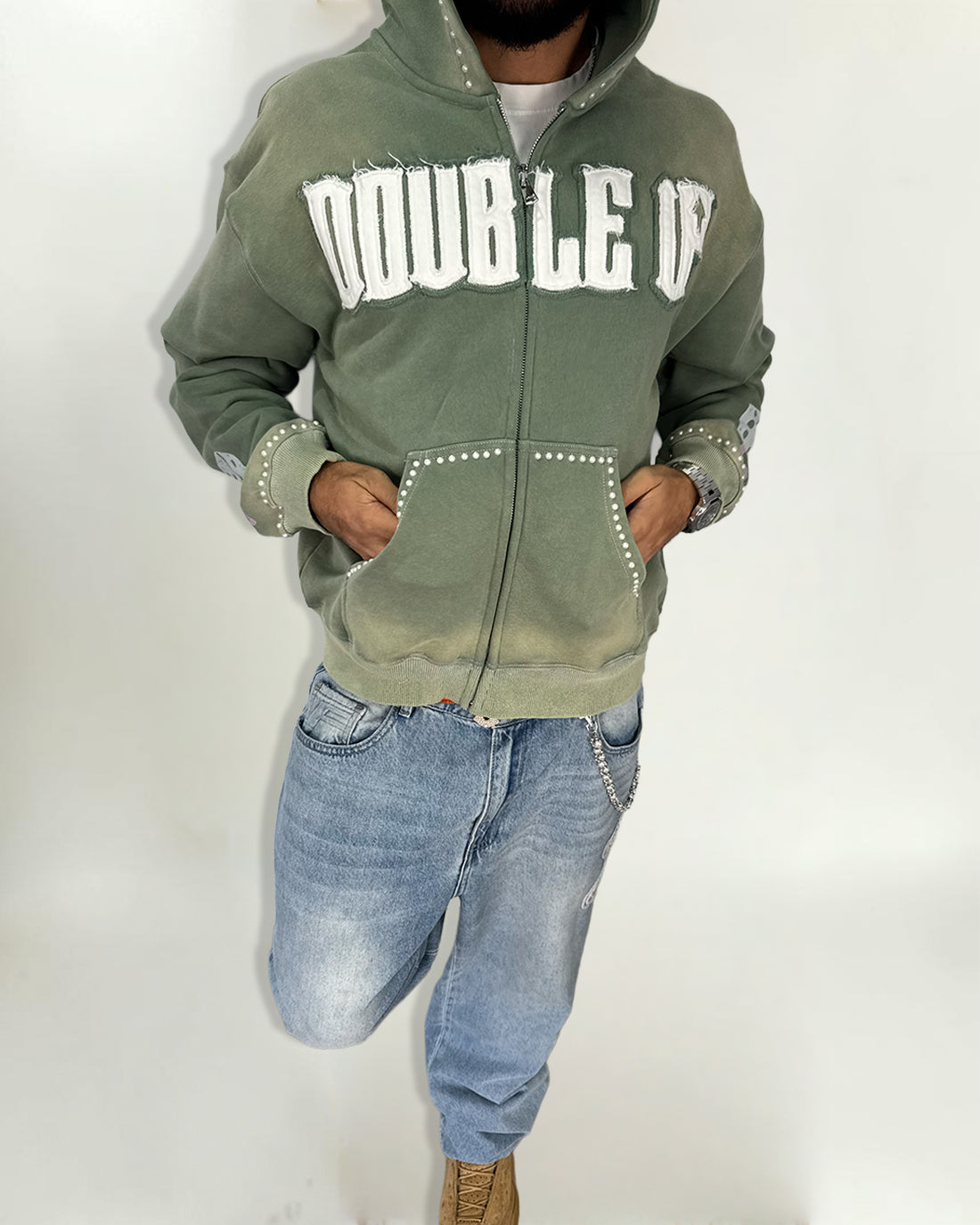 Pearl Appliqué Zip Hoodie - Washed Green