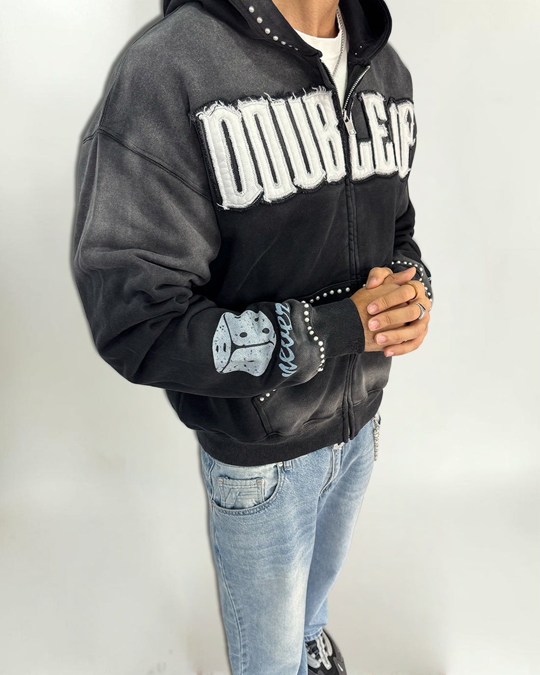 Pearl Appliqué Zip Hoodie - Washed Black
