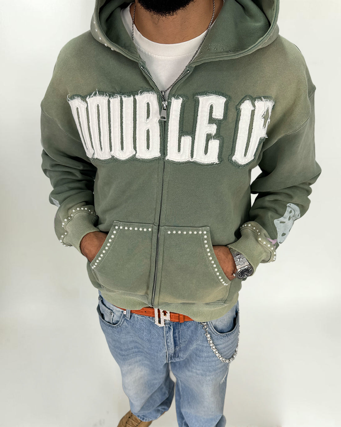 Pearl Appliqué Zip Hoodie - Washed Green