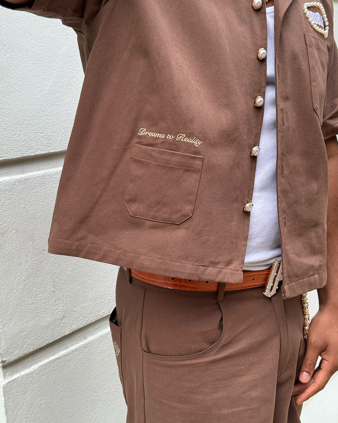 Brown Twill Pearl Button Cuban Shirt