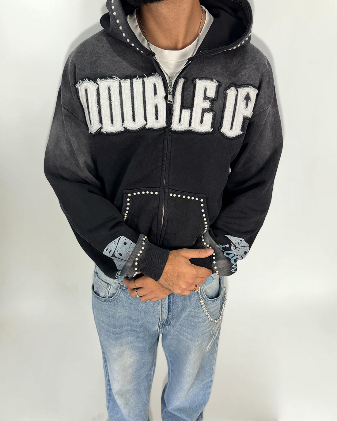 Pearl Appliqué Zip Hoodie - Washed Black