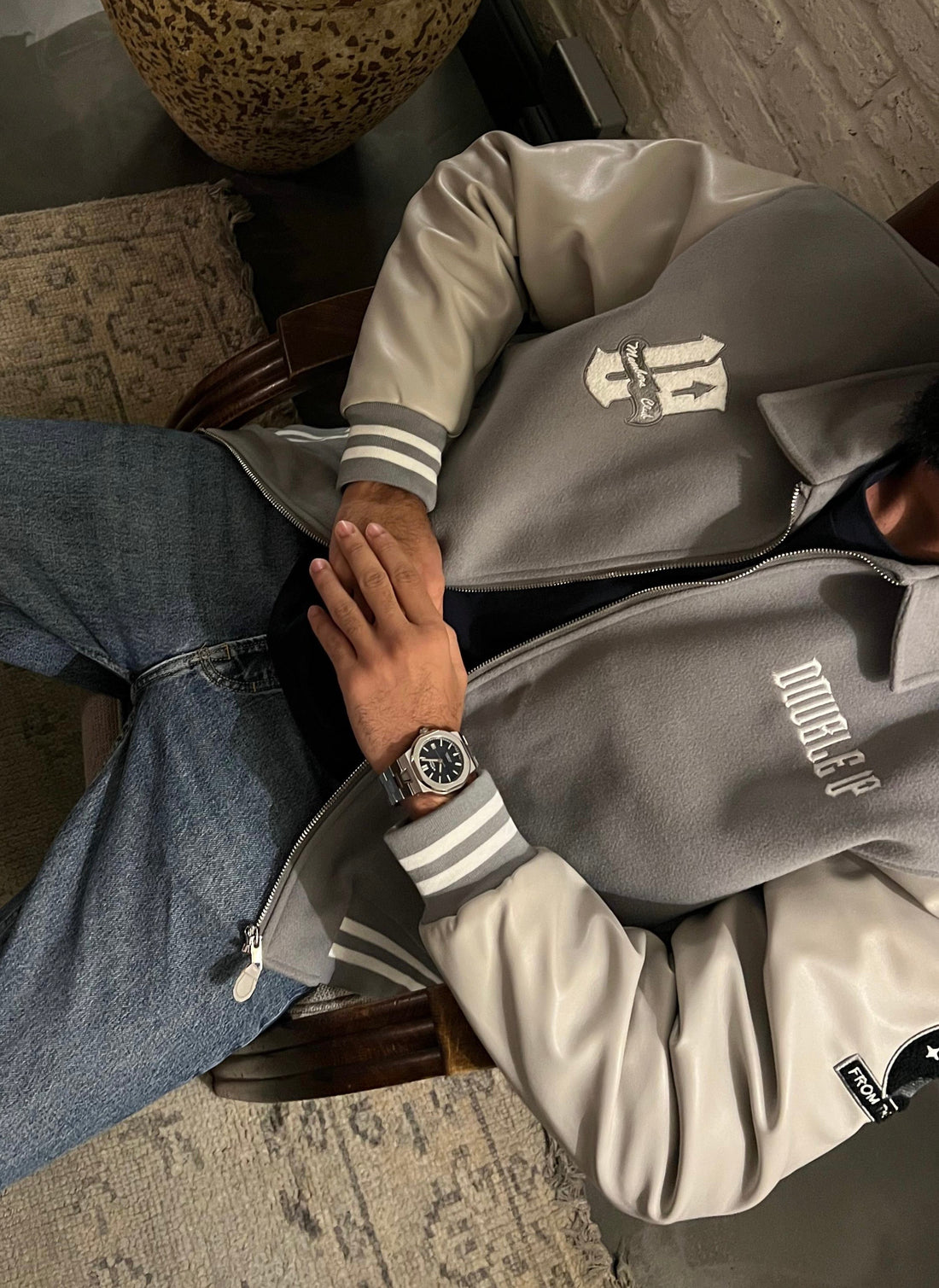 Double Up Grey Varsity Jacket – Pearl Lining