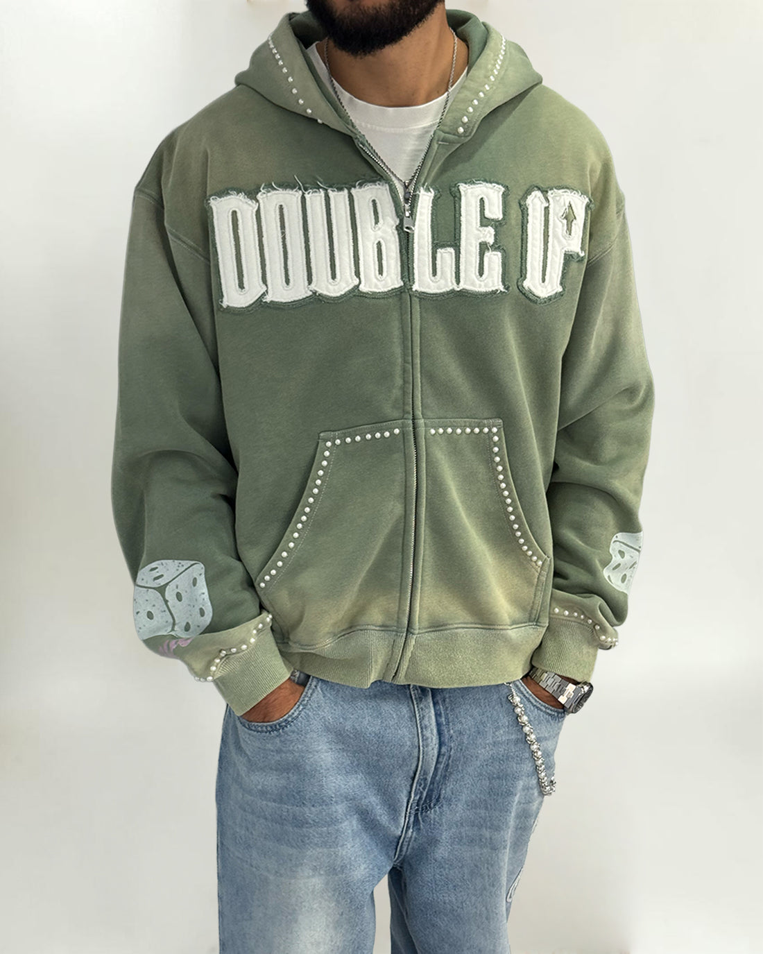 Pearl Appliqué Zip Hoodie - Washed Green