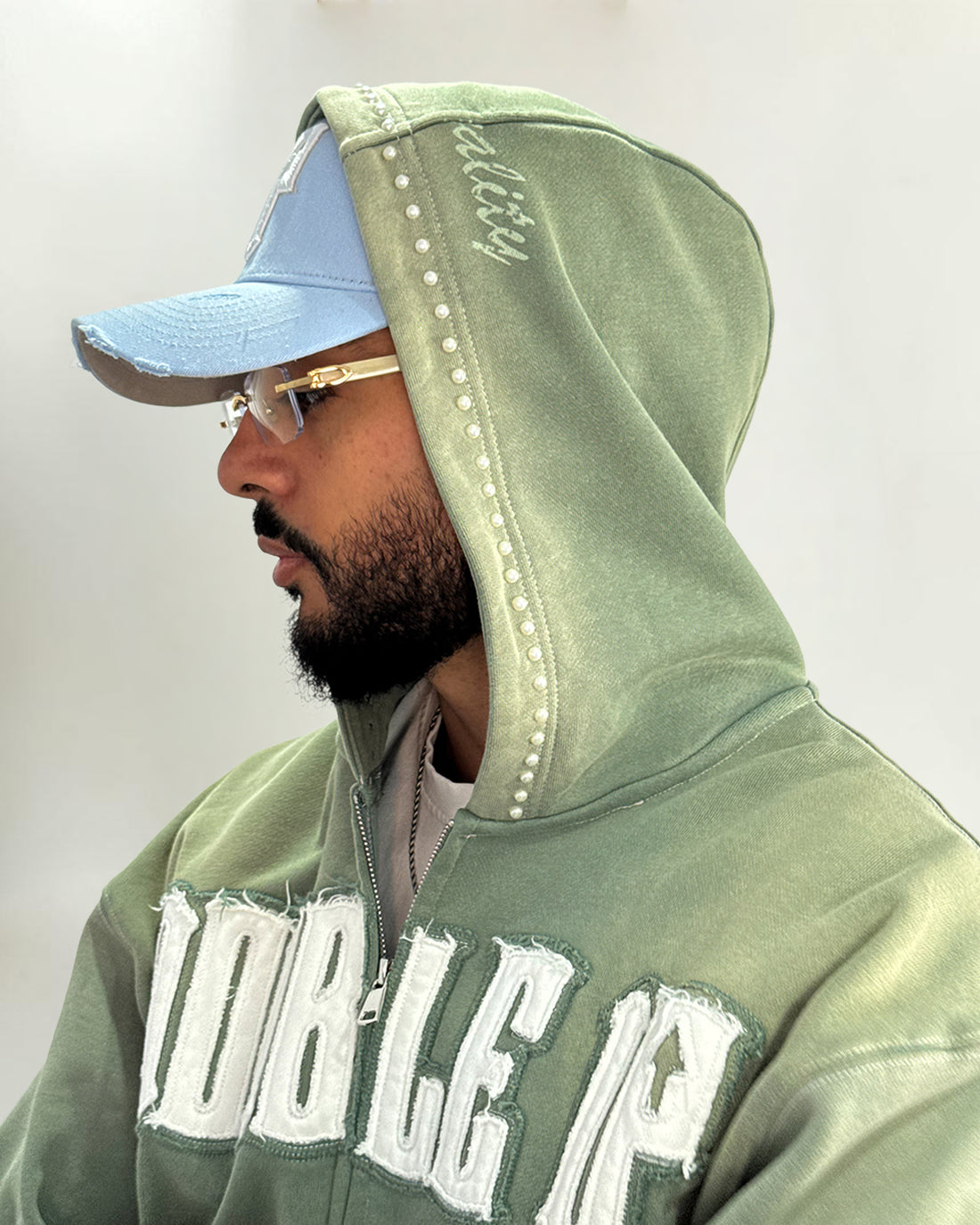 Pearl Appliqué Zip Hoodie - Washed Green