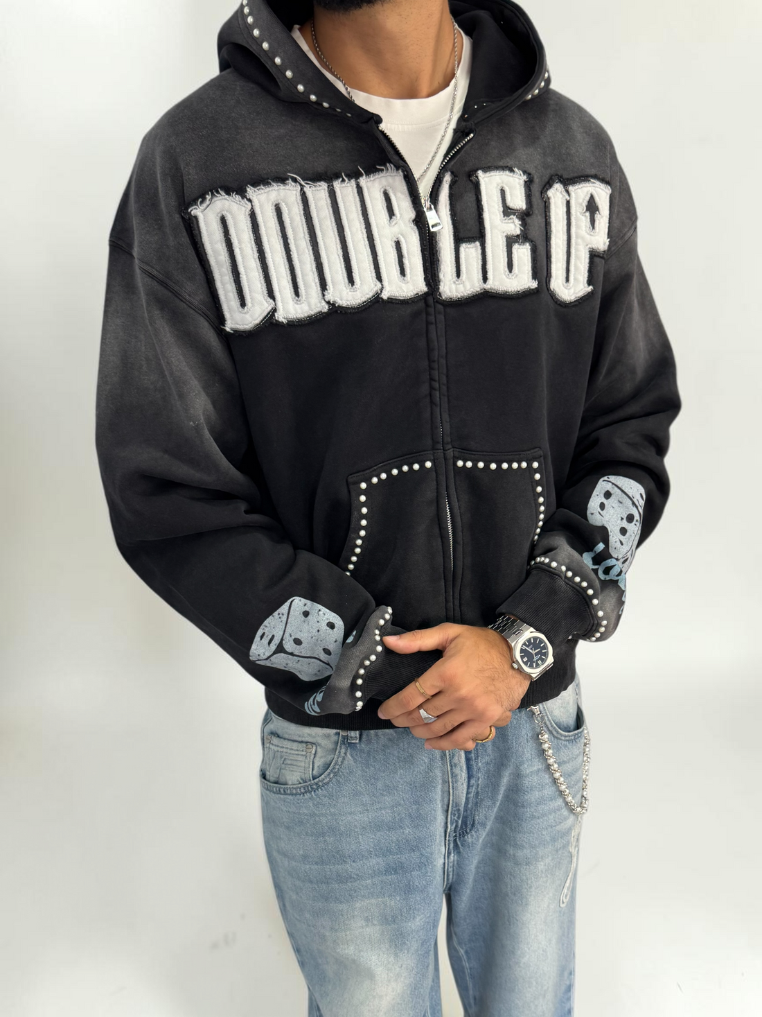 Pearl Appliqué Zip Hoodie - Washed Black