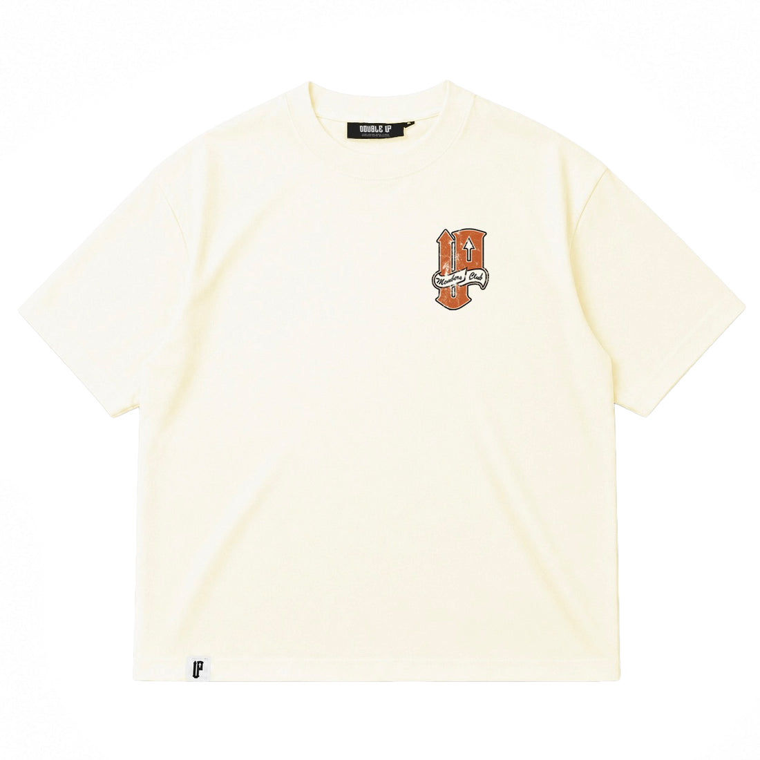 A cream-colored short-sleeve t-shirt with a small orange and white graphic on the left chest, displayed flat against a white background.