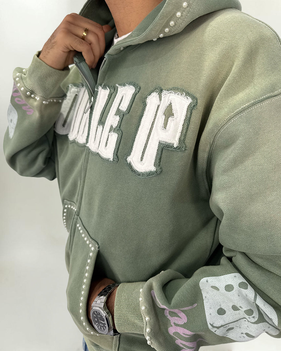 Pearl Appliqué Zip Hoodie - Washed Green
