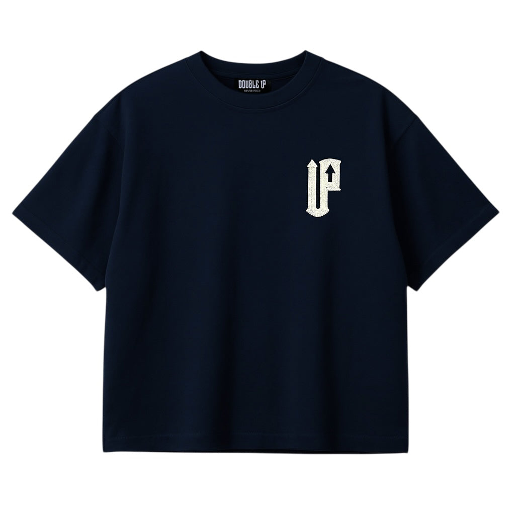 Navy t-shirt with a white logo on a white background