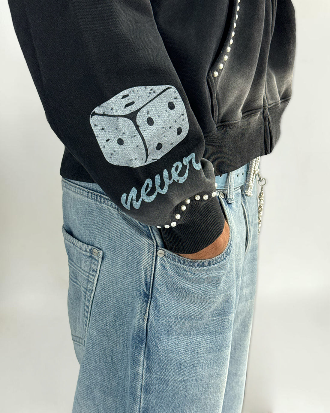 Pearl Appliqué Zip Hoodie - Washed Black