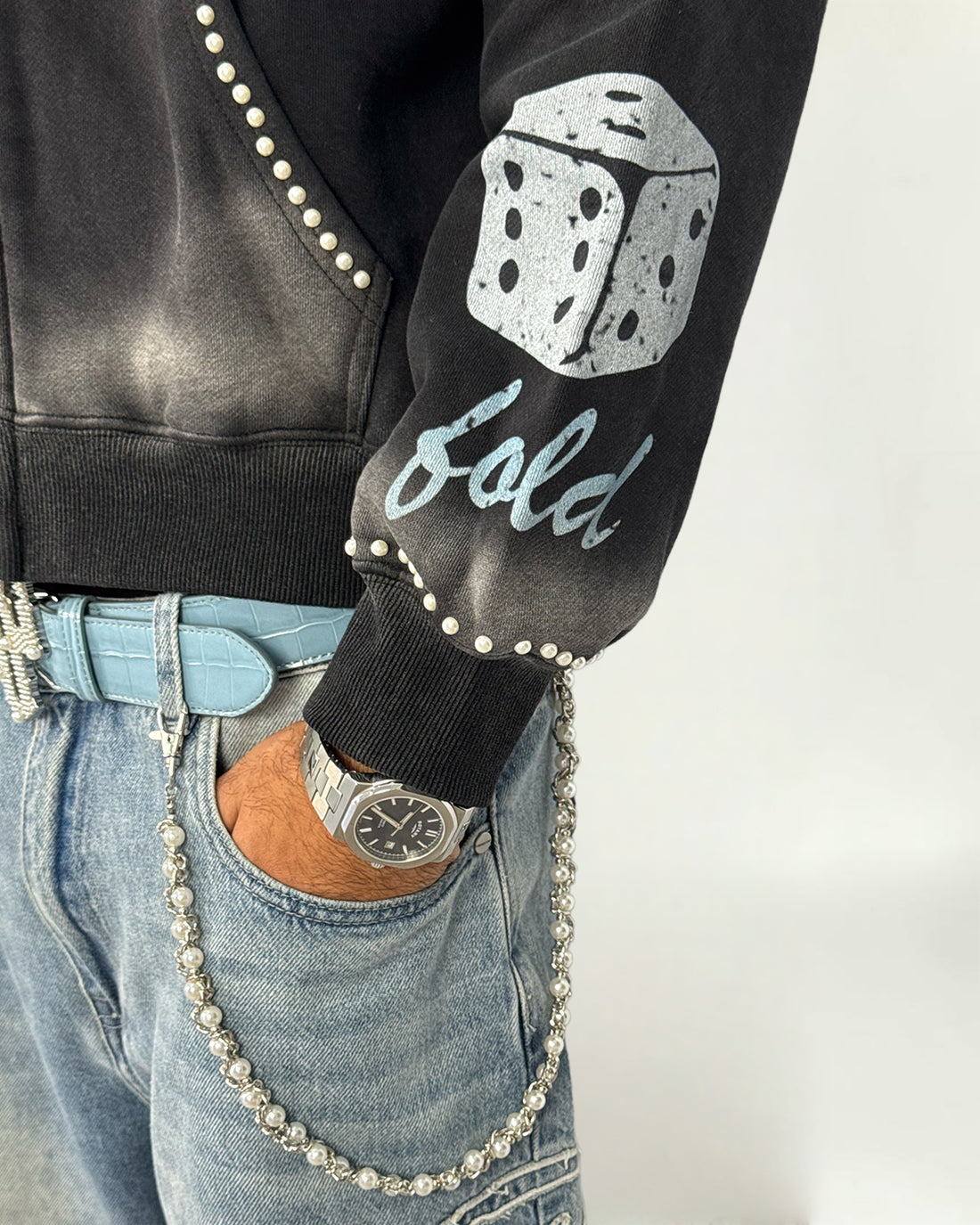 Pearl Appliqué Zip Hoodie - Washed Black