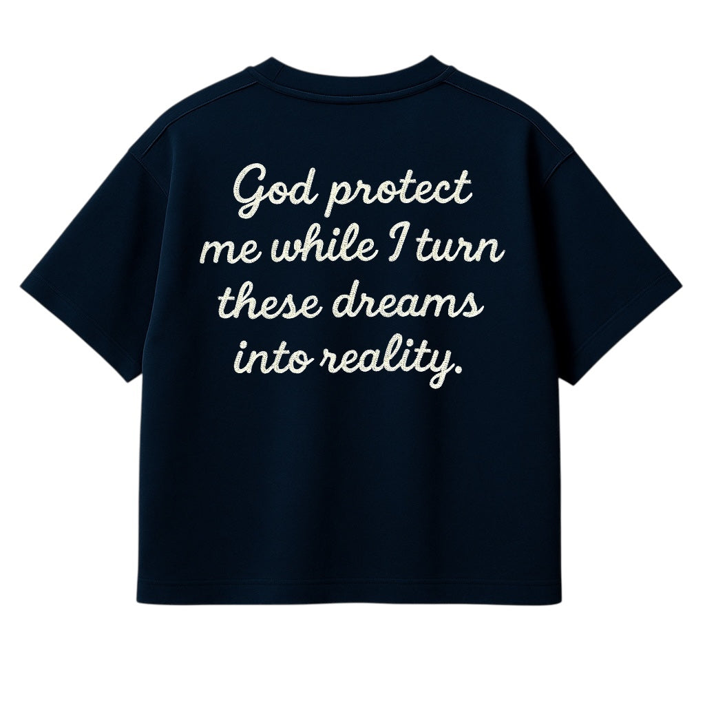 Navy blue t-shirt with white text on a white background