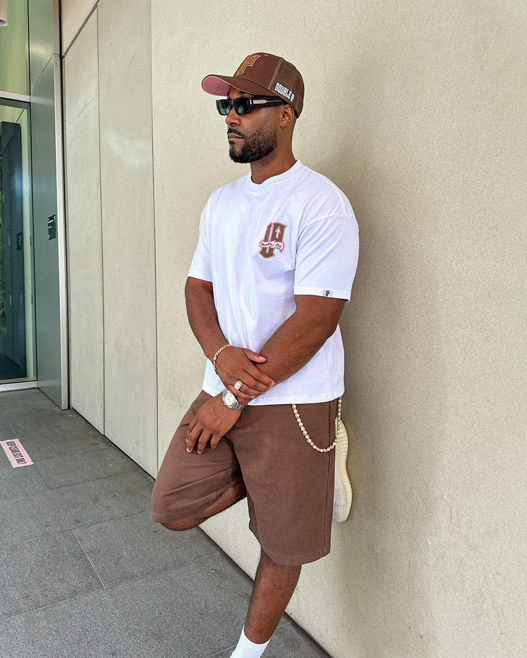 Double Up High Roller Members Club T-Shirt – White with Brown & Pink Accents