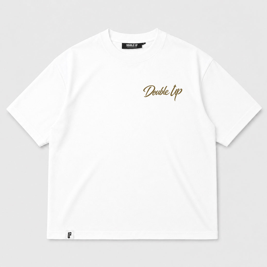 A white short-sleeve crewneck t-shirt with 'Double Up' printed in green cursive script on the left chest, displayed on a light gray background.