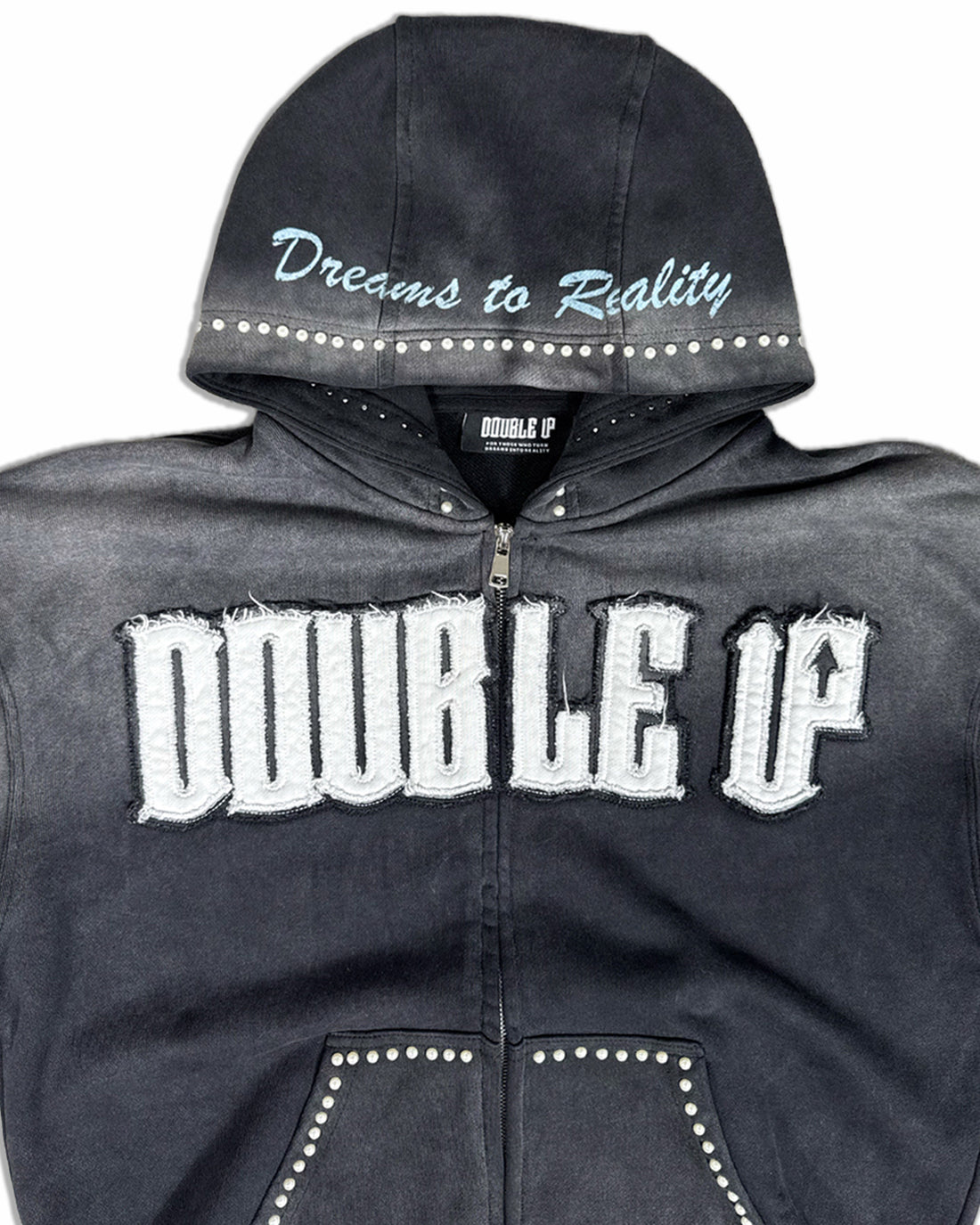 Washed Black Pearl Appliqué Zip Hoodie with pearl-trimmed hood and chest appliqué
