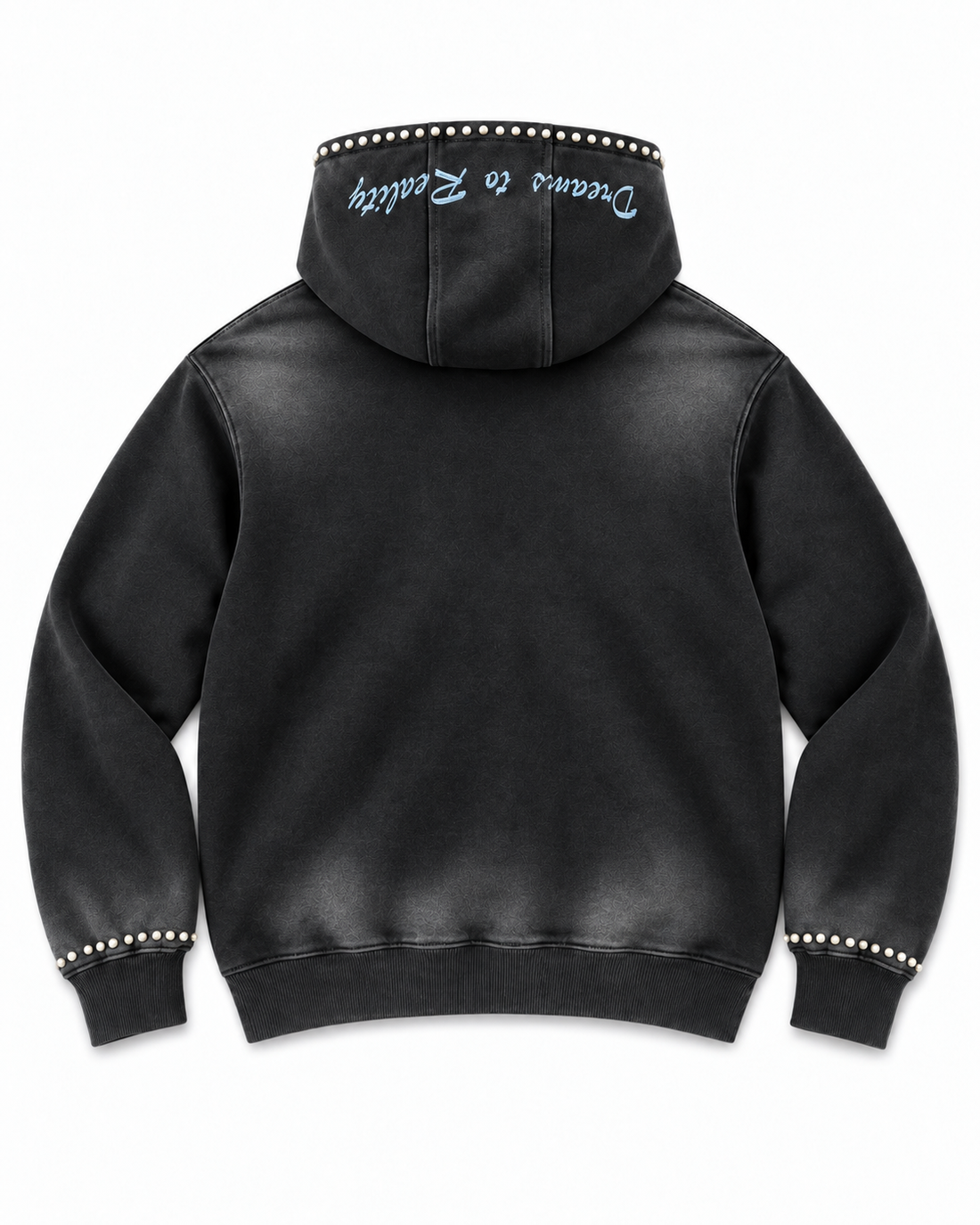 Pearl Appliqué Zip Hoodie in Washed Black – back view with pearl-trimmed hood