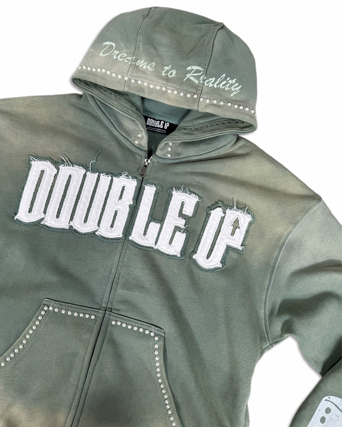 Washed Green Pearl Appliqué Zip Hoodie with pearl-trimmed hood and chest appliqué