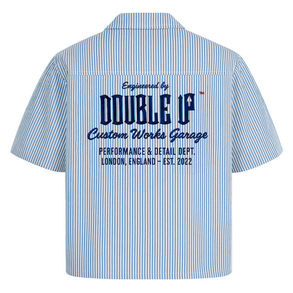 Blue and white striped shirt with 'Double UP' branding on a white background