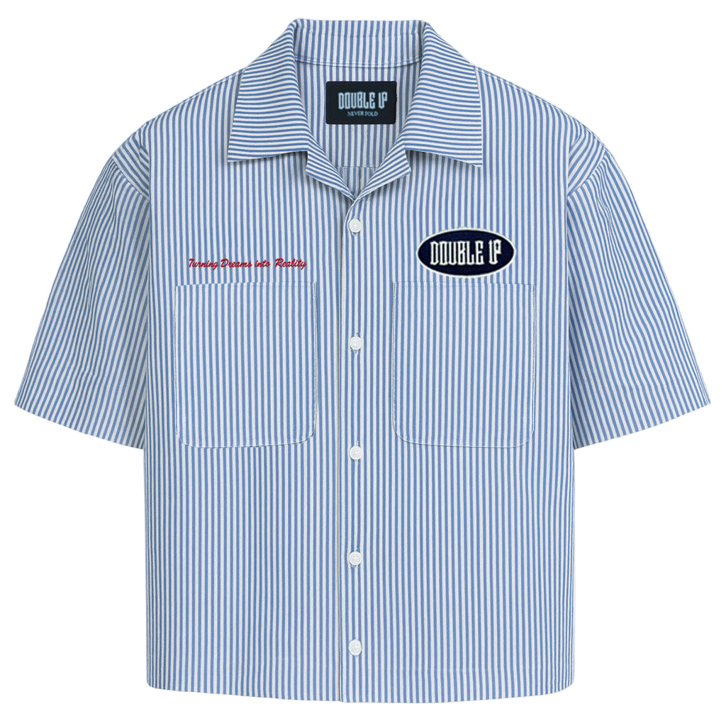 Blue and white striped shirt with brand logos on a white background