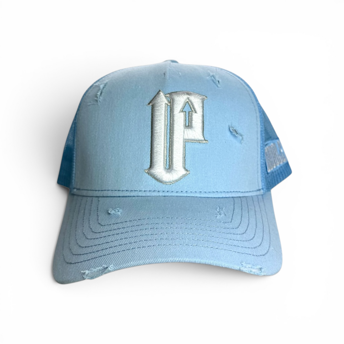 Light blue cap with a white logo on a white background