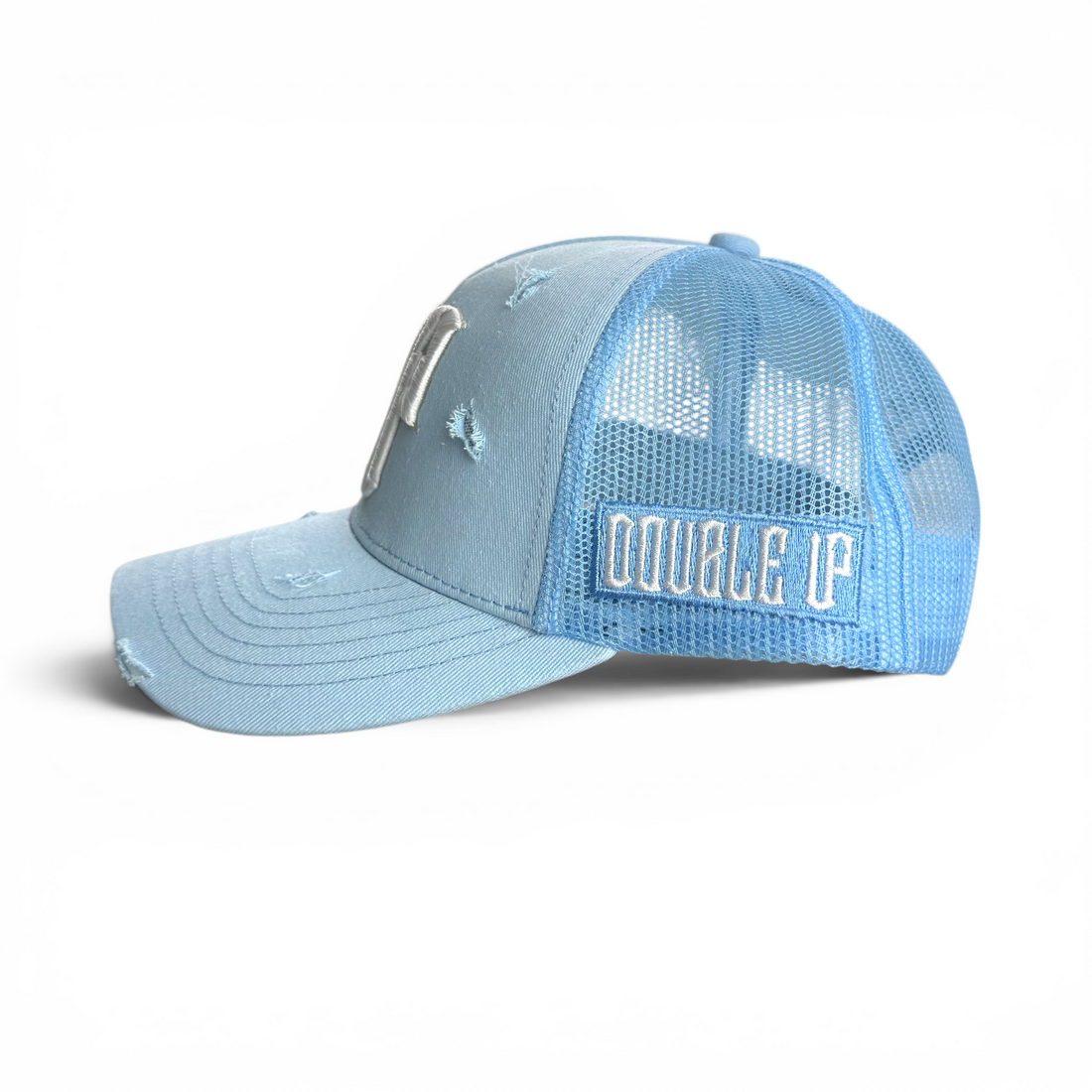 Light blue trucker cap with 'Double Up' logo on a white background