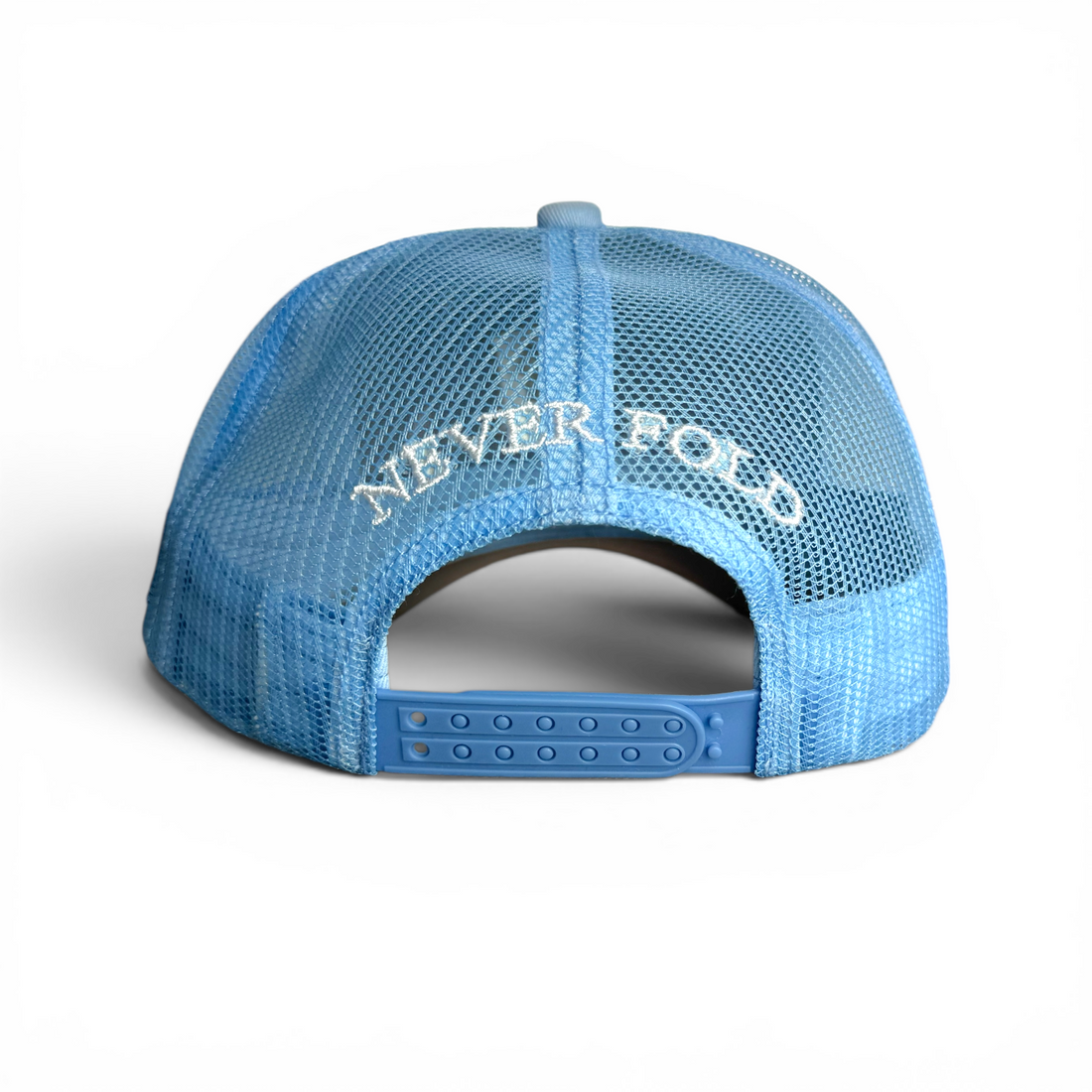 Blue mesh cap with 'NEVER FOLD' text on a white background