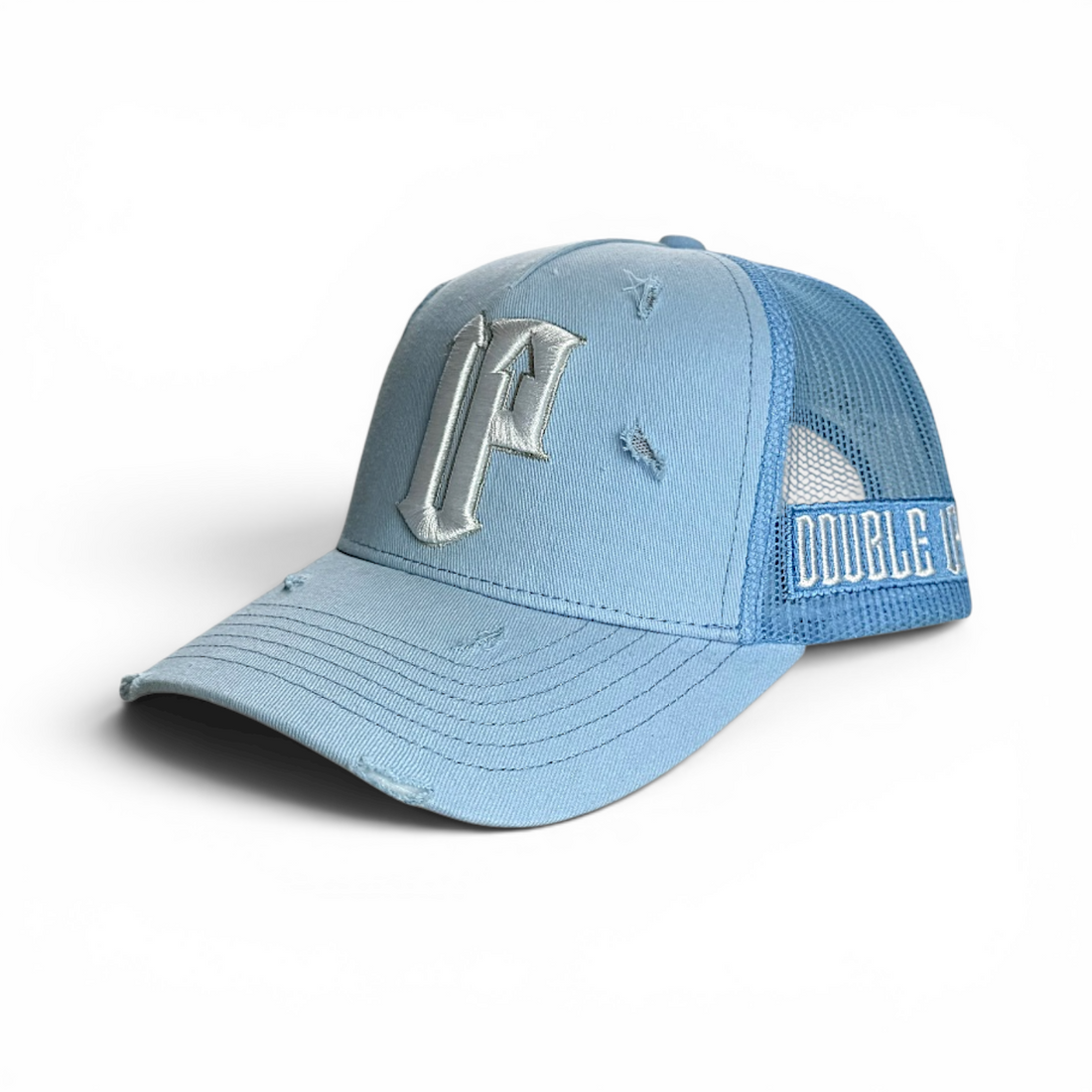 Blue baseball cap with brand logo on a white background