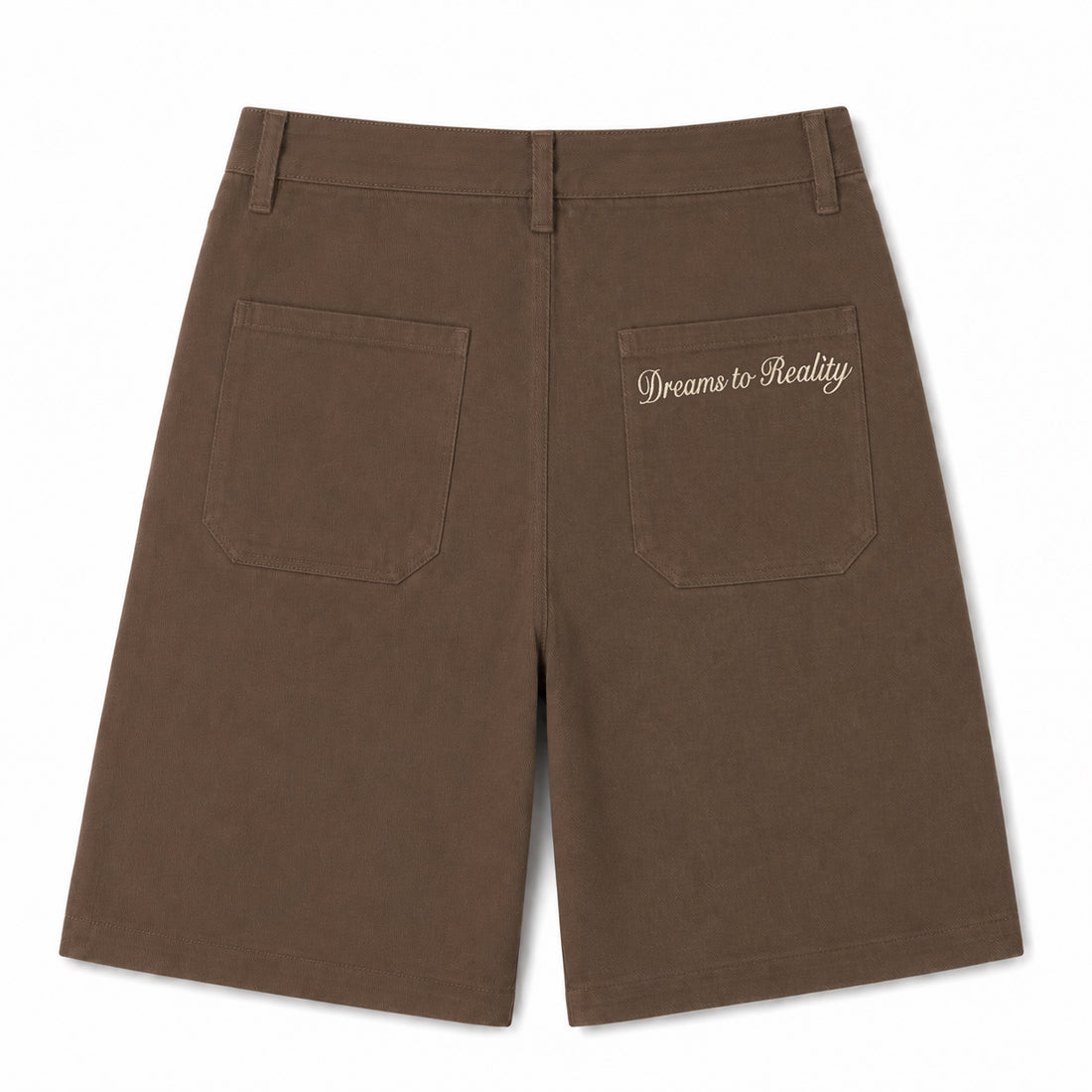 Brown shorts with 'Dreams to Reality' text on the back pocket against a white background