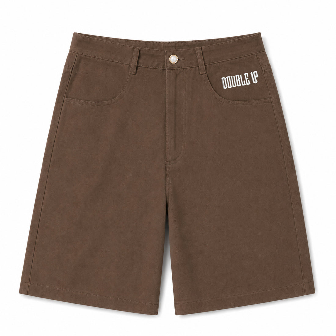 Brown Twill Shorts with Double Up logo detail, front view on white background