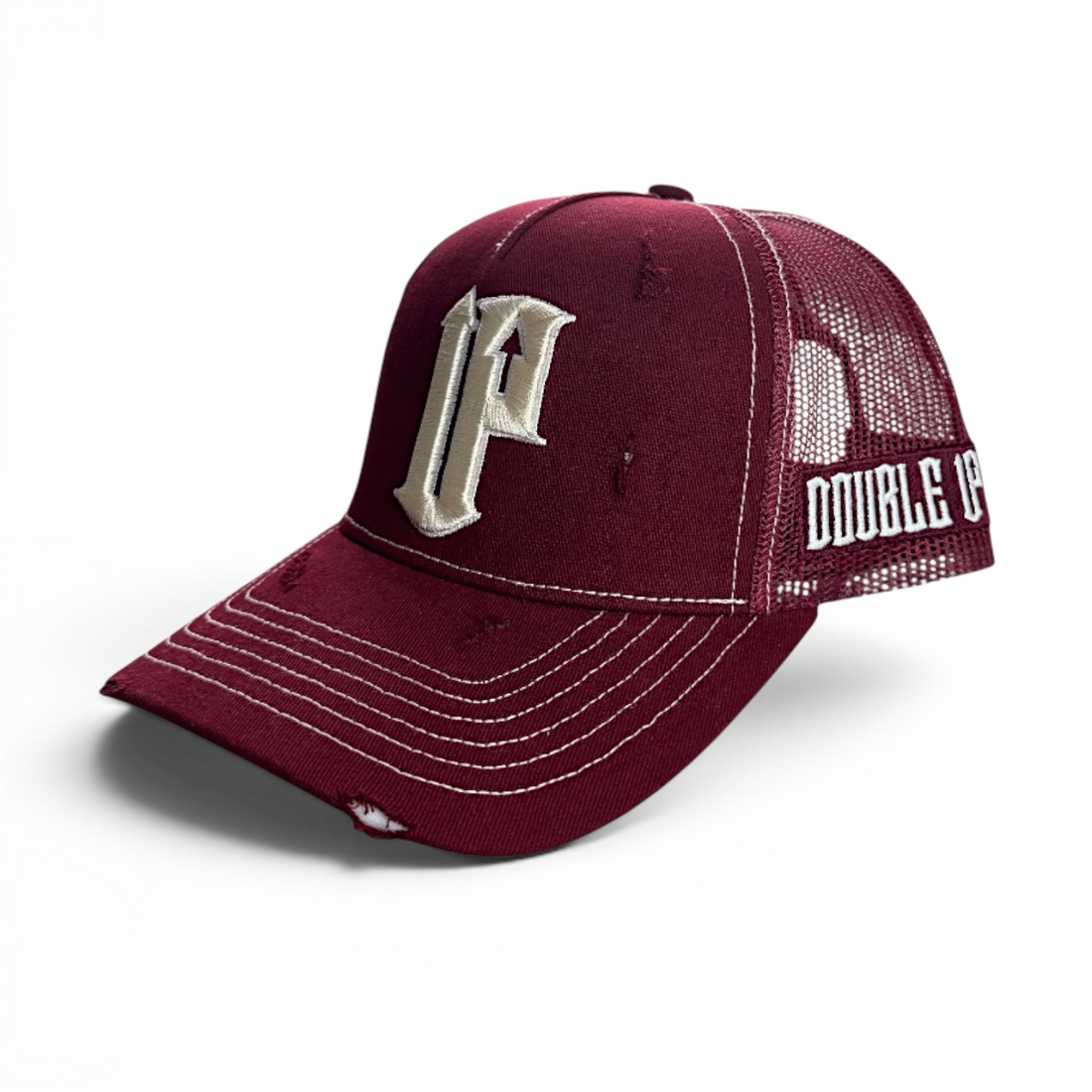 Burgundy Distressed Trucker Cap with embroidered Double Up logo and cream underbrim