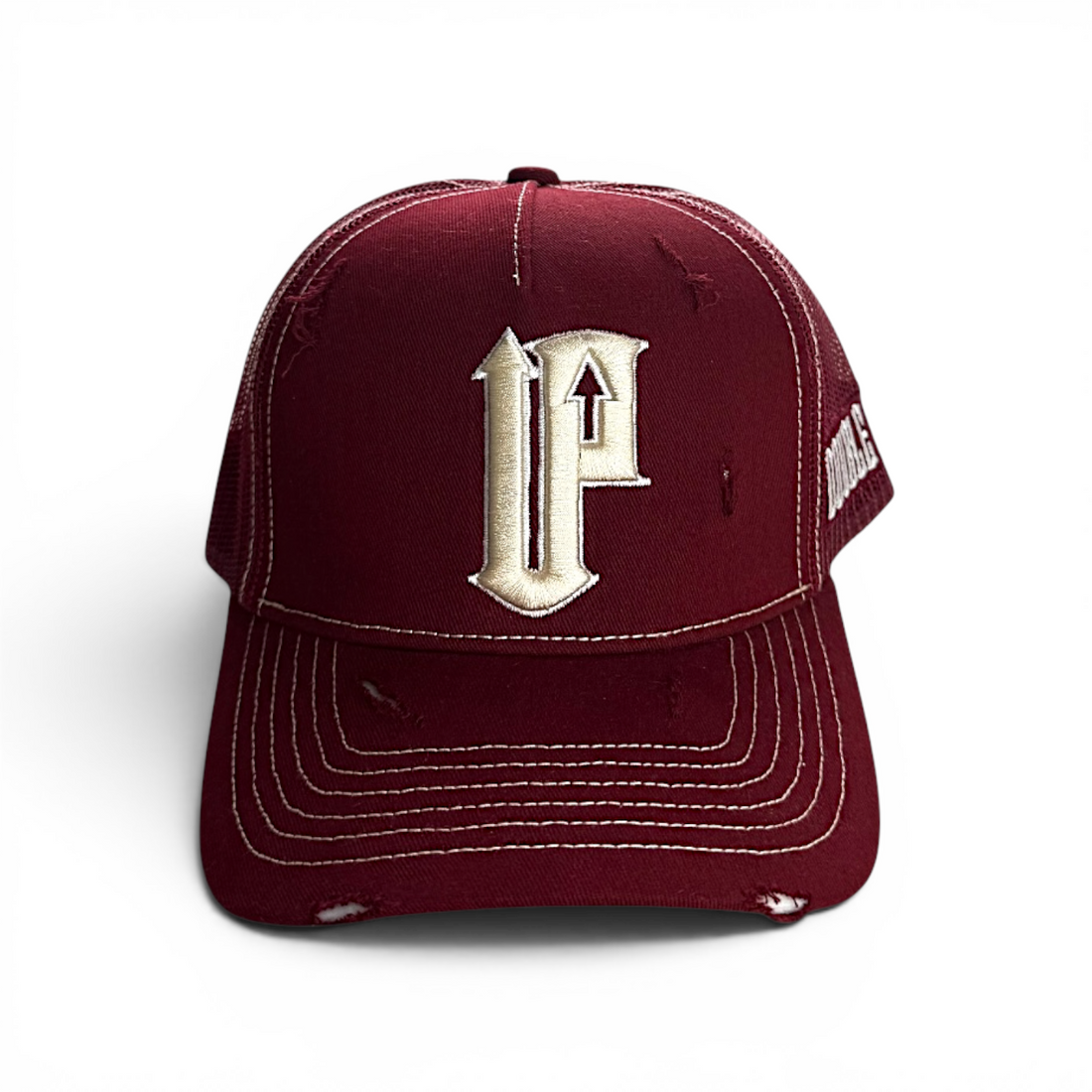 dark red baseball cap with a white logo on a white background