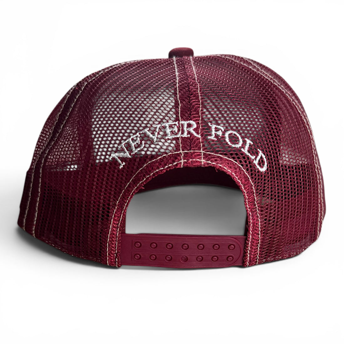 Maroon trucker cap with 'NEVER FOLD' text on a white background