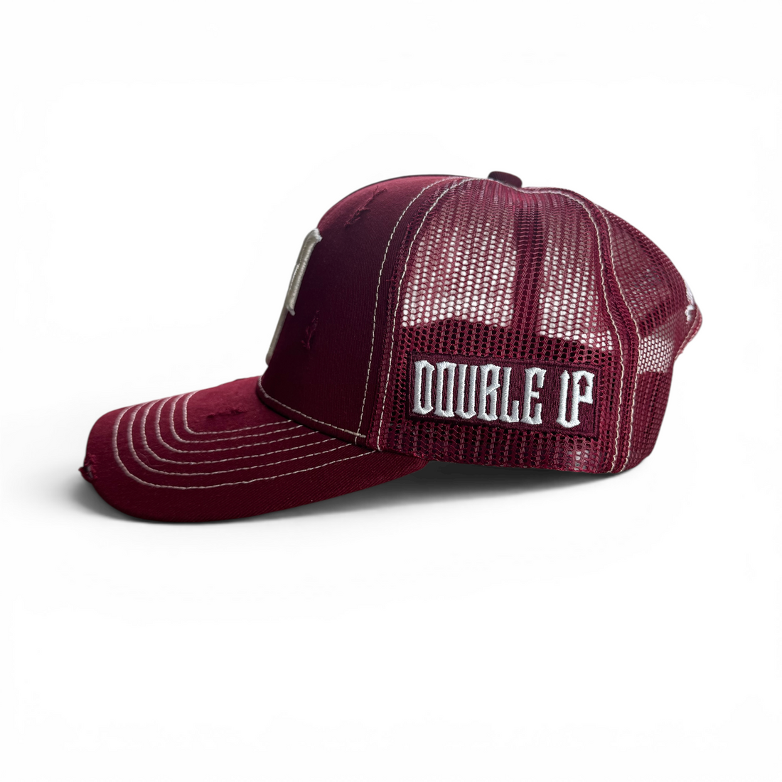 burgundy trucker cap with 'Double Up' logo on a white background