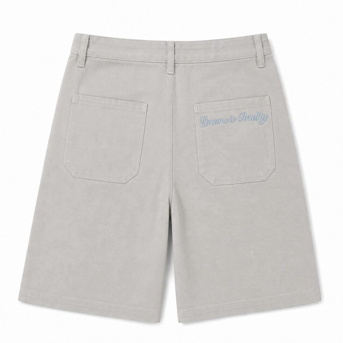 Light gray shorts with a brand logo that says Dreams to Reality on the back pocket against a white background