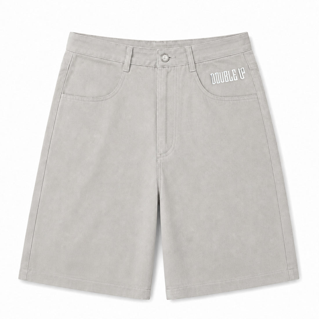 Pearl Grey Twill Shorts with Double Up logo detail, front view on white background