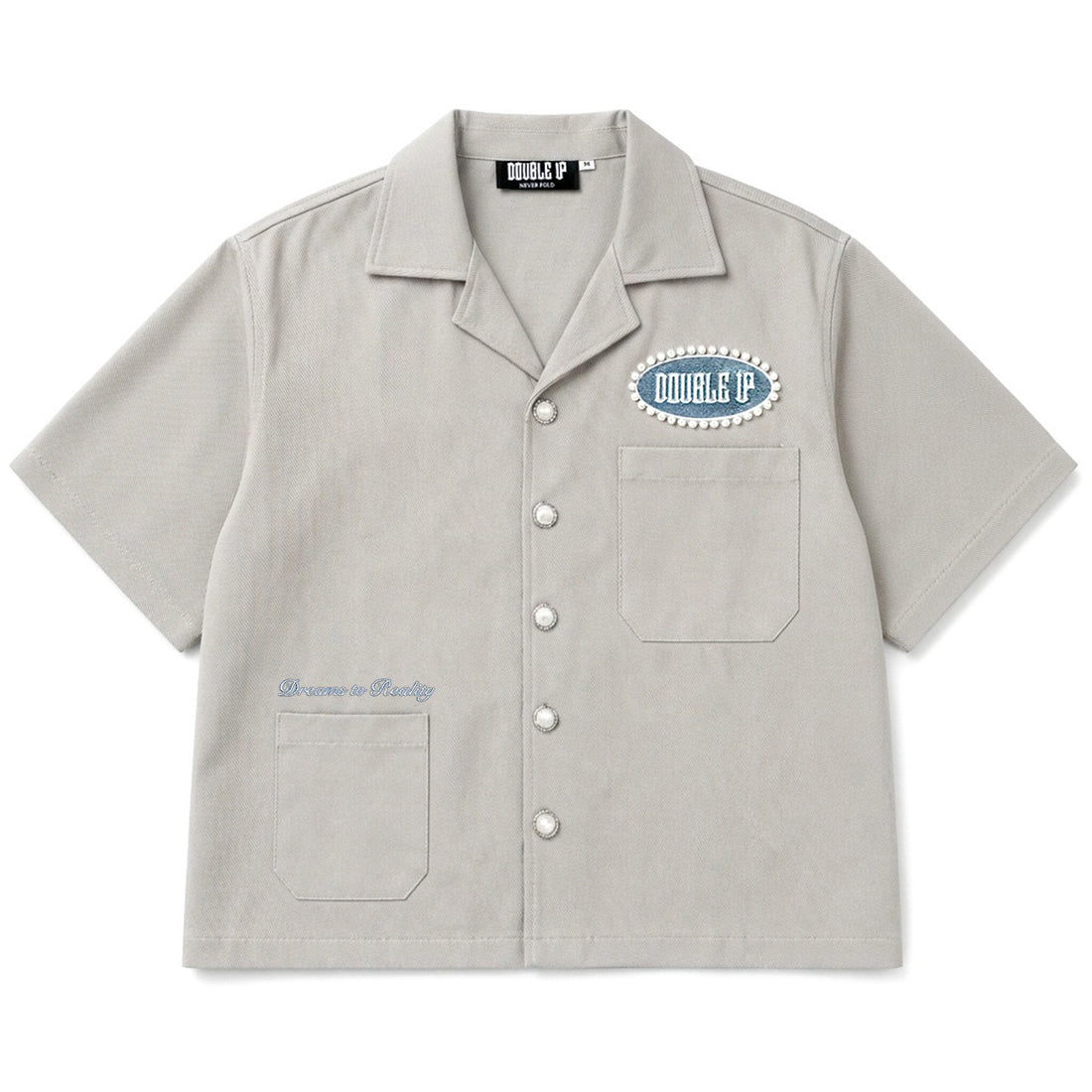 Pearl Grey and Sky Blue Cuban Shirt with Double Up embroidered logo, front view on white background
