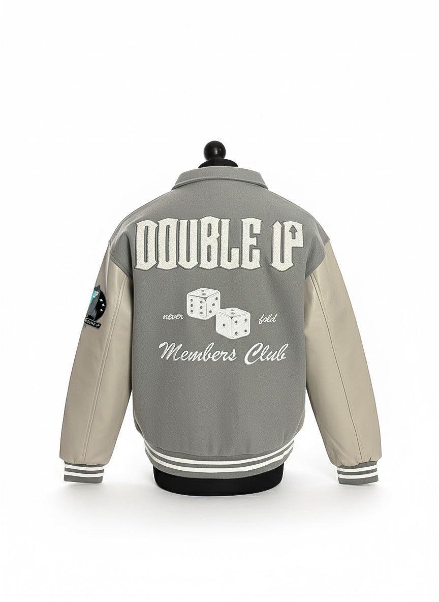 Back view of Double Up grey varsity jacket with embroidered logo.