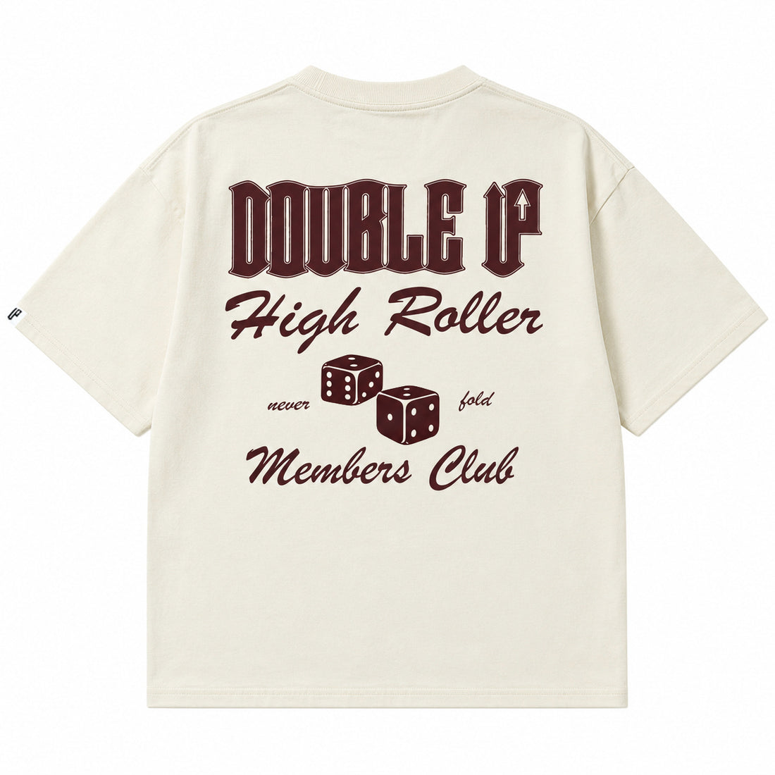 Cream High Roller Members Club T-Shirt with burgundy screen print, front view on white background