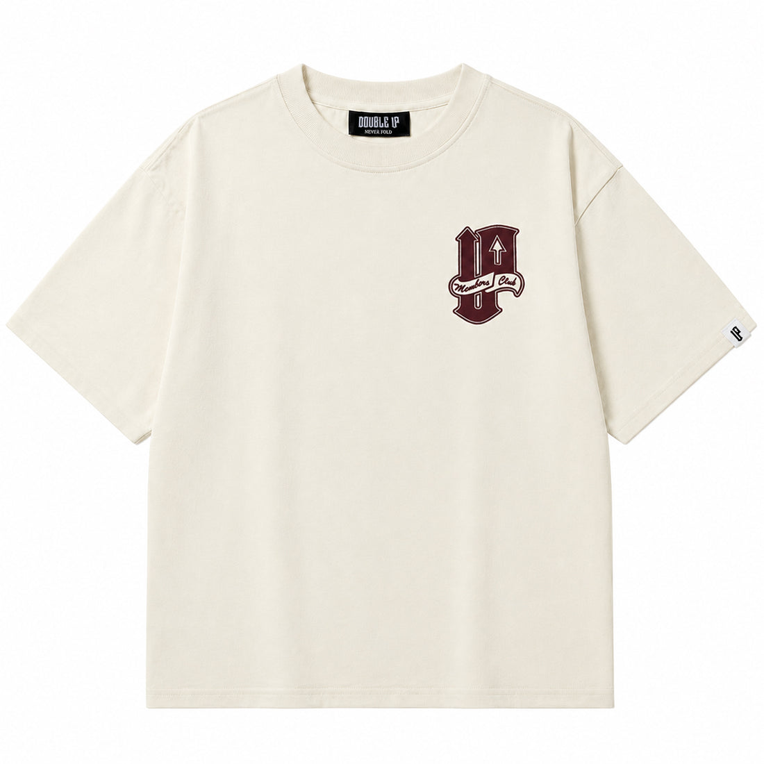 Beige t-shirt with a logo on the chest against a white background