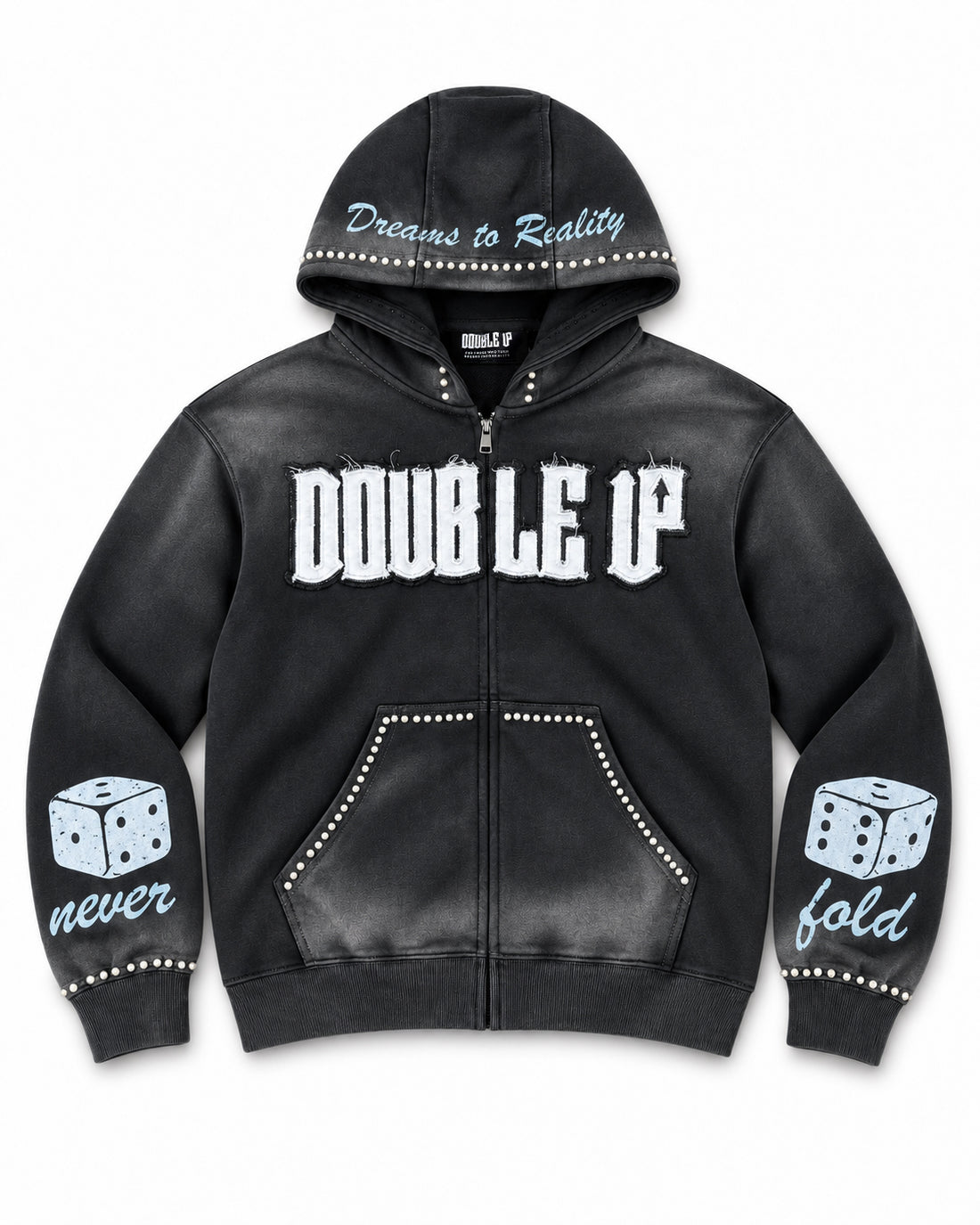 Pearl Appliqué Zip Hoodie in Washed Black – front view