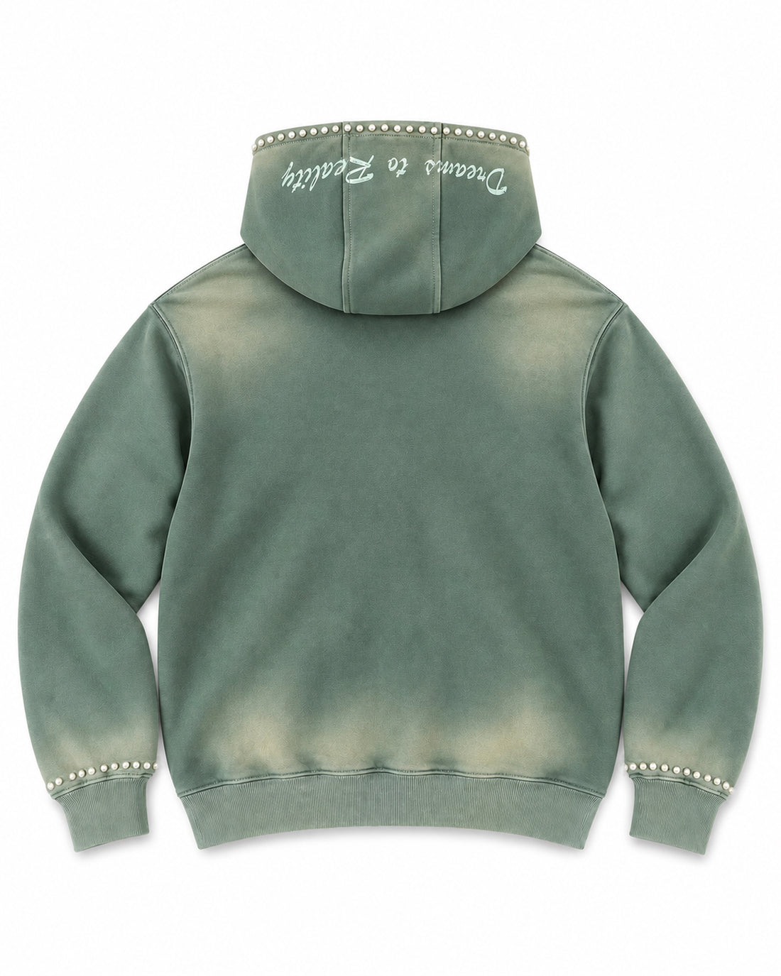Pearl Appliqué Zip Hoodie in Washed Green – back view with pearl-trimmed hood