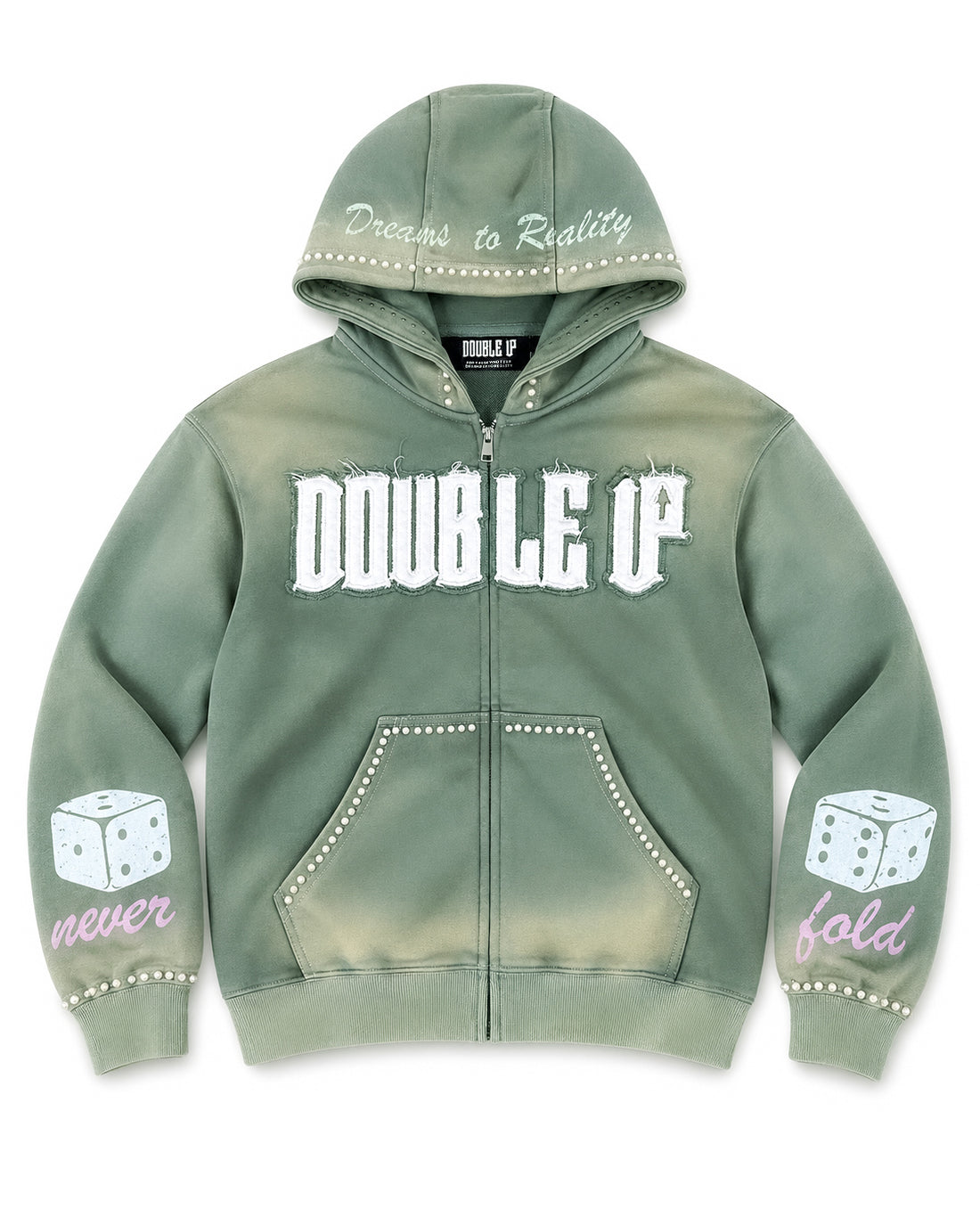 Pearl Appliqué Zip Hoodie in Washed Green – front view