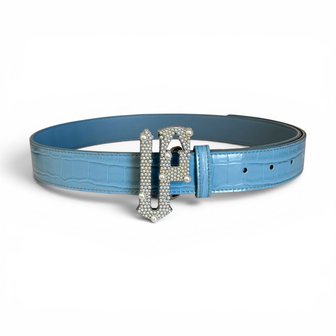 Blue belt with a decorative silver buckle on a white background