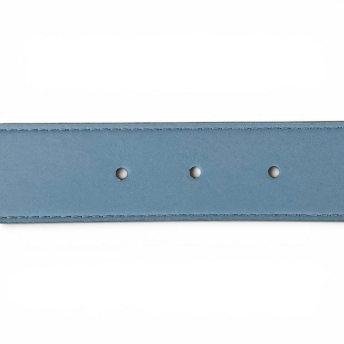 Blue leather belt with silver buckle on a white background