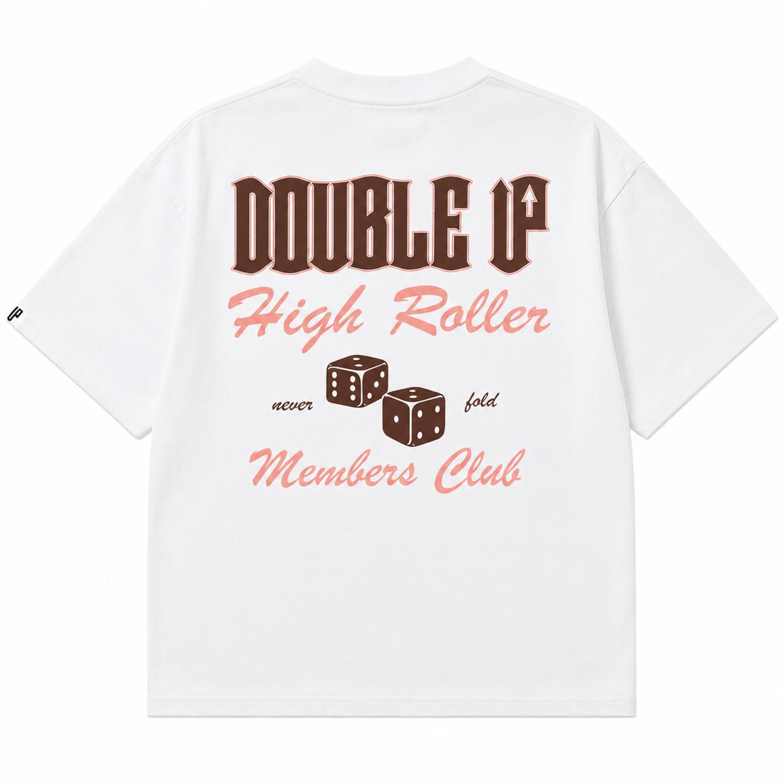 White t-shirt with 'Double U High Roller Members Club' text and dice graphics on a white background